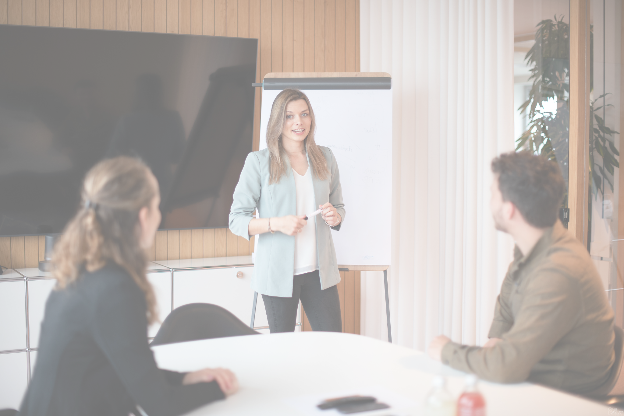 Bild zeigt Marina Rieder stehend vor dem Flipchart. Zwei Personen sitzen davor und hören zu.